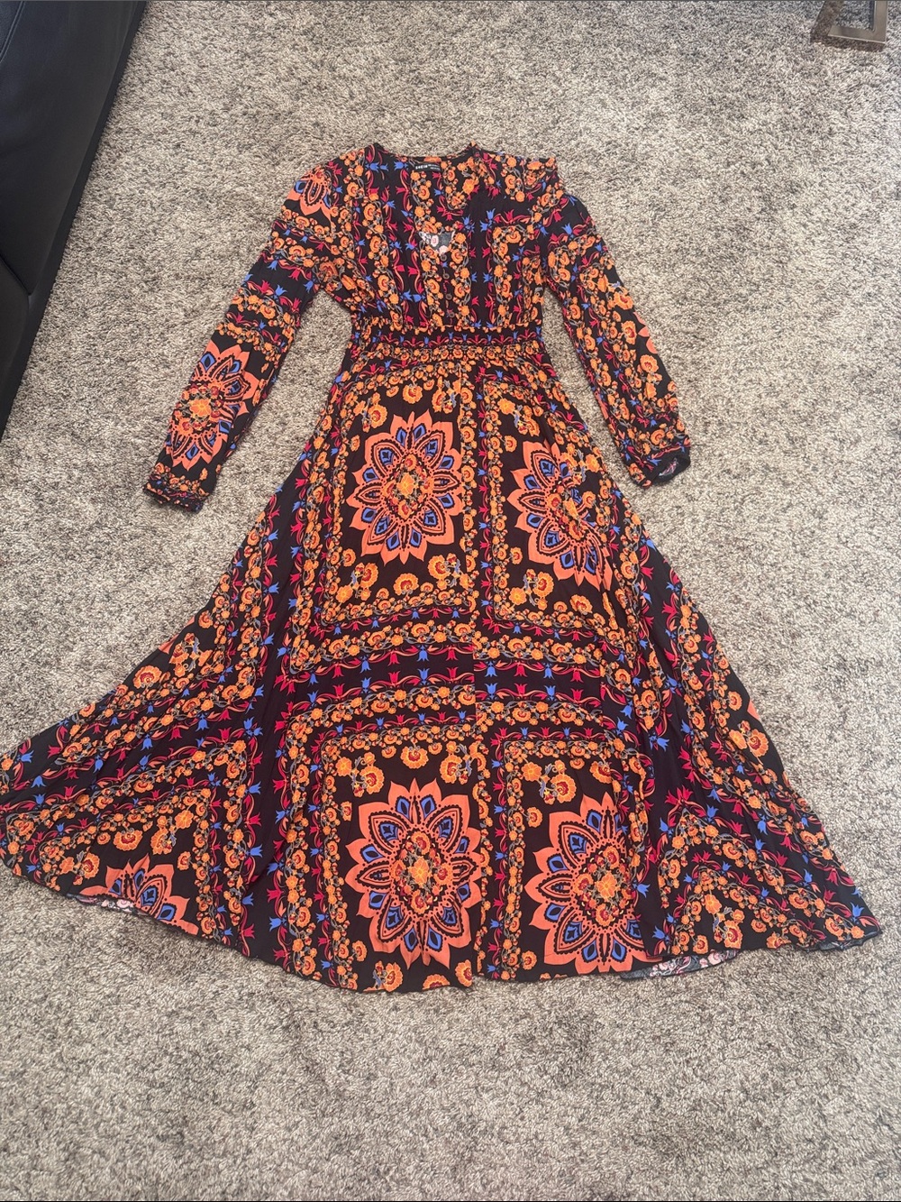 SHEIN Black Maxi Dress with Orange and Blue Floral Medallion